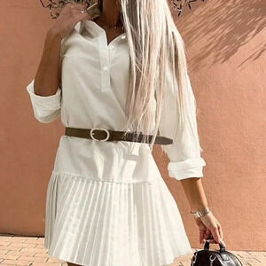 Apricot Casual Women's Half-Placket Long Sleeve Pleated Short Dress